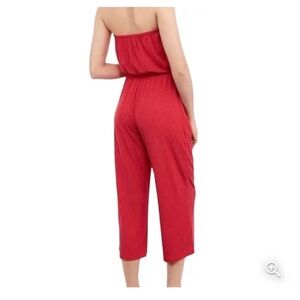 Express Dot Printed Strapless Cropped Capri Jumpsuit Sz XS Red Drawstring Waist